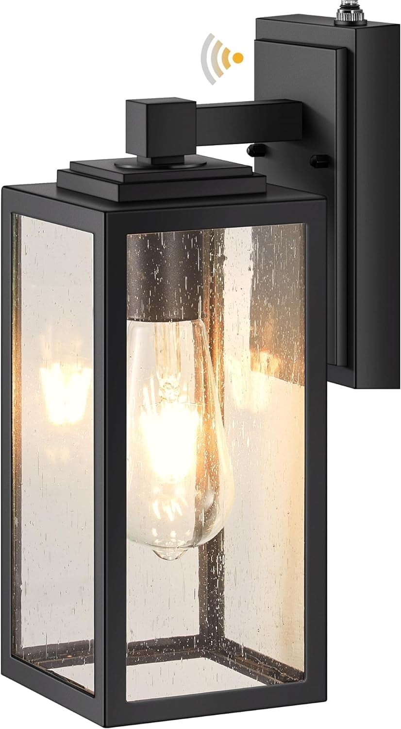VIANIS Dusk to Dawn Outdoor Porch Lights Wall Mount, Modern Black Exterior Wall Sconce for House, Waterproof Carriage Lamp, Anti-Rust Aluminium Wall Lantern with Tempered Seeded Glass Shade